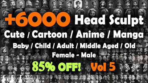 6000 Head Sculpt (Cute / Cartoon / Anime / Manga) Reference Pack | MEGA Bundle | 4K | v.5