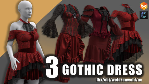 3 women's gothic dress/gothic/vintage/clo3d/marvelous