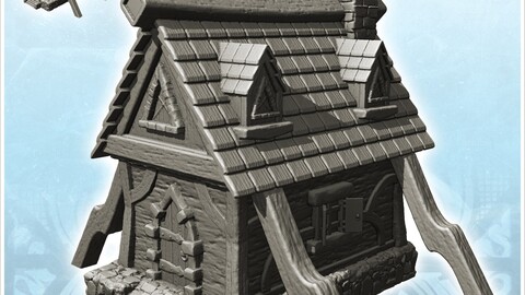 Medieval house with wooden buttresses and stone platform (10) | STL for 3D Printing Printer | Hard Surface