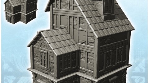 Large medieval half-timbered house with roof window (12)  | STL for 3D Printing Printer | Hard Surface