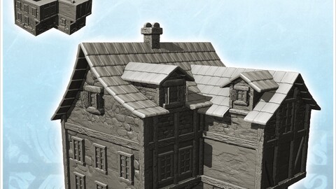 Large medieval house with offset storey and pitched roof with windows (14) | STL for 3D Printing Printer | Hard Surface