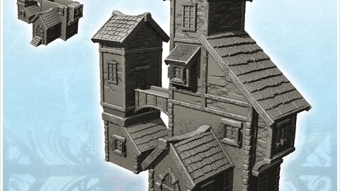 Large medieval building with suspended passage between annexes (15) | STL for 3D Printing Printer | Hard Surface