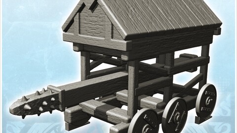 Medieval wooden ram with six wheels and pointed mace (4) | STL for 3D Printing Printer | Hard Surface