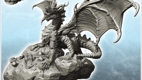 Dragon on rock with open mouth and human bones on the ground (21) | STL for 3D Printing Printer | Hard Surface