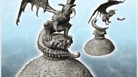 Menacing dragon on rock with double manes (30) | STL for 3D Printing Printer | Hard Surface