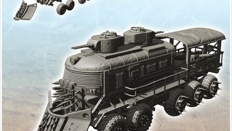 Post-apo train on wheels with armoured turrets and front shovel (5) | STL for 3D Printing Printer | Hard Surface