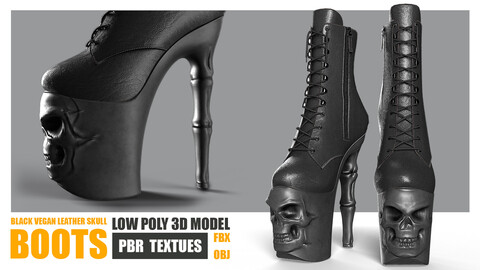 Black Vegan Leather Skull Boots - Low Poly PBR Textures