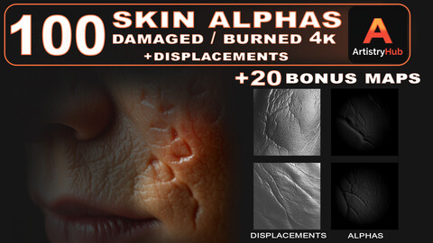 120 Damaged & Burned Skin Alphas and Displacement Maps – A Must-Have Resource – (COUPON Applied)