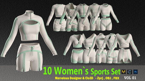 10 WOMEN`S SPORTS SET  MODEL - VOL1 (CLO3D & MARVELOUS DESIGNER ) ZPRJ,FBX,OBJ,PNG,UV