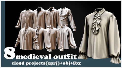 8 MEDIEVAL OUTFIT / clo3d project(ZPRJ)+OBJ+FBX.