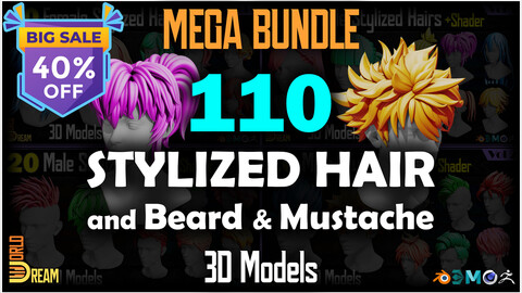 110 Female and Male Stylized Hairstyle 3D Models with Shaders | MEGA BUNDLE