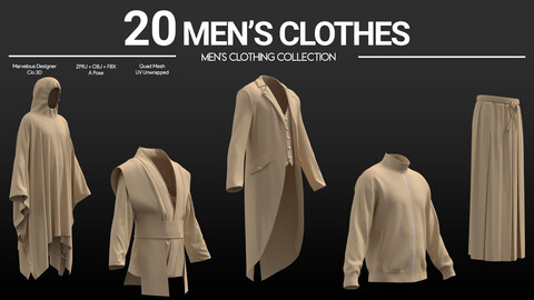 20 Men’s Clothes . Marvelous / CLO Project Files + OBJ + FBX