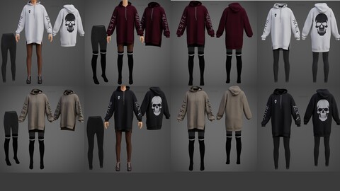 Collection: Goth Oversized Sweatshirts Fishnet Leggings Socks Clothing Set 3D Models