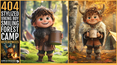 404 Stylized Viking Boy, Smiling in Forest Camp