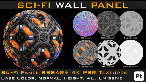 Sci-fi Wall Panel, SBSAR file+ PBR Texture (4K ) + Video Tutorial