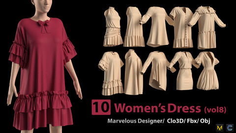 10 Women's Dress (vol8) + Zprj +Obj + Fbx