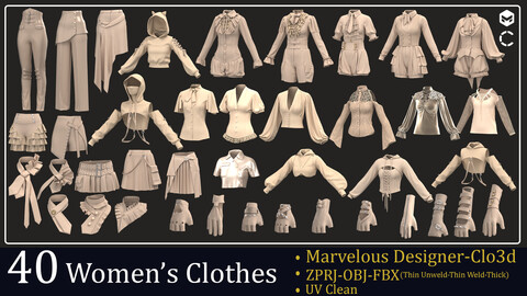 40 Women's Clothes . Marvelous Designer / Clo3d (ZPRJ - FBX - OBJ)