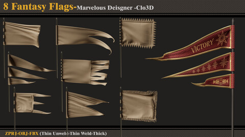 8 Fantasy Flagss /Marvelous Designer-Clo3D(ZPRJ + FBX + OBJ)