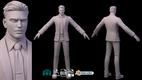 Stylized Business man in suit zbrush Highpoly blazer  pant costume clothing suite coat western stylelized salesperson formal wear manager caucasian male character business man