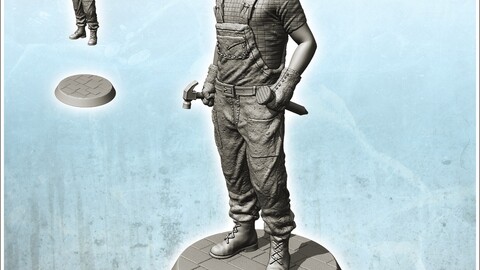 Modern industrial worker standing in overalls with hammer (1) | STL for 3D Printing Printer | Hard Surface