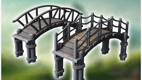 Two wooden bridges with rope railings and curved planks on raised platforms (1) | STL for 3D Printing Printer | Hard Surface