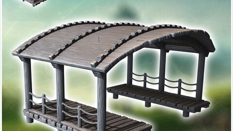 Covered wooden platforms with rope railings and raised roofs supported by beams (3) | STL for 3D Printing Printer | Hard Surface