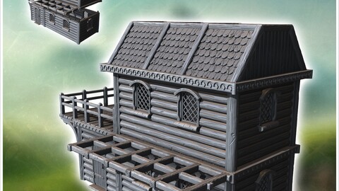 Large wooden house with log-style walls, shingled roof, and a wooden terrace (17) | STL for 3D Printing Printer | Hard Surface