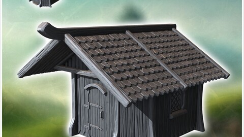 Wooden storage building with a pitched roof and simple door, small window on the side (20) | STL for 3D Printing Printer | Hard Surface