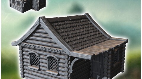 Rustic wooden cabin with a steep roof and two decorative arched windows on the sides (21) | STL for 3D Printing Printer | Hard Surface