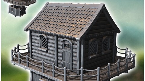 Wooden house on a platform, featuring a wraparound railing and rope fencing for support (22) | STL for 3D Printing Printer | Hard Surface