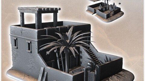 Desert house with wooden roof shelter and palm trees (8) | STL for 3D Printing