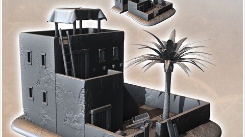 Desert house with flat double roofs and palm tree (10) | STL for 3D Printing