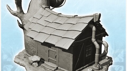 Medieval house with tiled roof and pipes with fish-shaped tree (11) | STL for 3D Printing