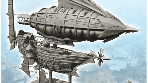 Large steampunk flying ship with wooden hull and multiple sails (1) | STL for 3D Printing