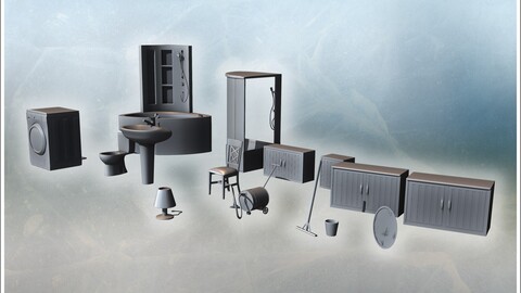 Bathroom set with washing machine, bathtub, sink, toilet, cabinets, and various accessories (15) | STL for 3D Printing