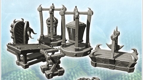 Set of chaos torture accessories with metal cages and spiked coffin (15) | STL for 3D Printing