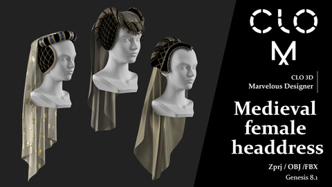 Medieval female headdress / Marvelous Designer/Clo3D project file + OBJ, FBX