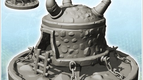 Chaos building with roof horns and ladder on base (9) | STL for 3D Printing