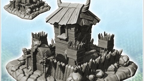 Wooden fortified tower of chaos with floor and door surmounted by a skull (10) | STL for 3D Printing