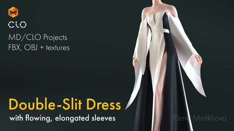 Fantasy Dress: Dual Slit, Long Sleeves | Female Double-Slit Elf Dress | Women's outfut | White and Black Stylized Regal Gown