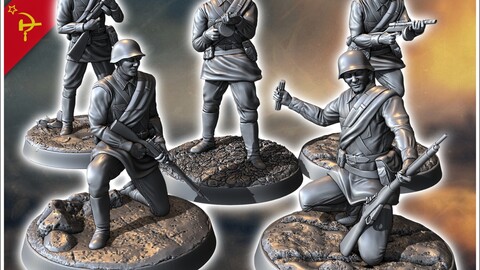 Set of five Soviet Russian Red Army soldiers (WW2 USSR) (with Mosin-Nagant + PPSh-41) (3) | STL for 3D Printing Printer | Hard Surface