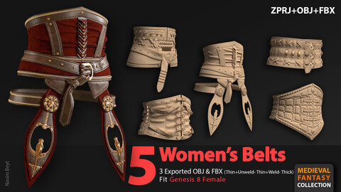 Medieval Collection: 5 Women's Belts (VOL.01). Marvelous Designer/Clo3D project file+OBJ,FBX