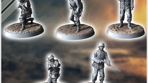 Set of five German WW2 infantry troops (with MP40, Panzerfaust and K98k) (2) | STL for 3D Printing Printer | Hard Surface