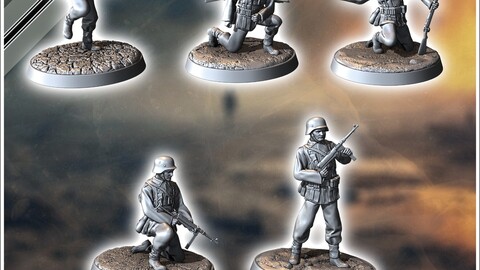 Set of five German WW2 infantry troops (with MP40 and K98k) (3) | STL for 3D Printing Printer | Hard Surface