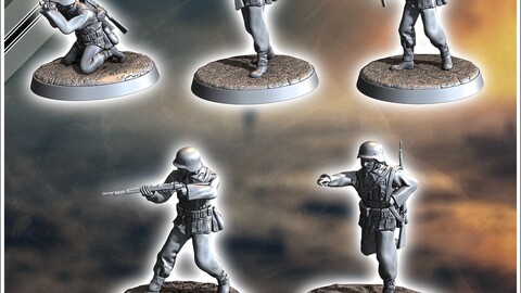 Set of five German WW2 infantry troops (with MP40 and K98k) (4) | STL for 3D Printing Printer | Hard Surface