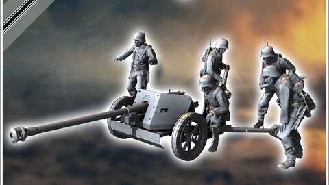 Pak 40 75mm anti-tank gun with five crew soldiers | STL for 3D Printing Printer | Hard Surface