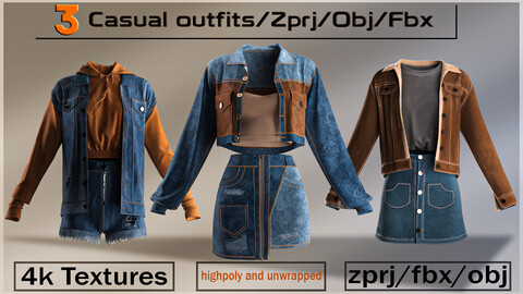 3 CASUAL DENIM OUTFITS/OBJ/FBX/ZPRJ/4K TEXTURES