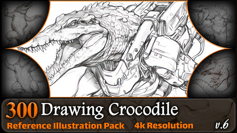 300 Drawing Crocodile Reference Pack | 4K | v.6