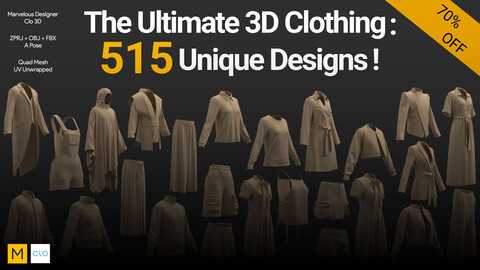 Complete 3D Clothing Collection: 515 Unique Designs at an Exceptional Price for Professional Projects | Marvelous / CLO Project file + OBJ + FBX | Now Available with 70% Off!