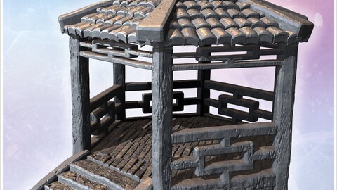 Traditional hexagonal pavilion with wooden pillars, tiled roof, and decorative staircase (1) | STL for 3D Printing Printer | Hard Surface